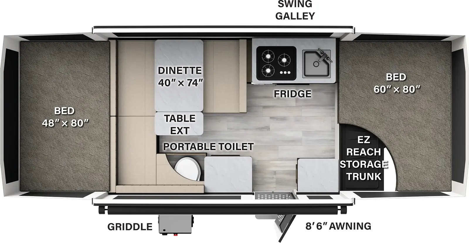 The 1910ESP has no slideouts and one entry door. Exterior features an 8 foot 6 inch awning, front EZ reach storage trunk, and griddle. Interior layout front to back: front tent bed; off-door side swing galley with cooktop and sink, and dinette with table extension; door side countertop, entry, portable toilet and more seating; rear tent bed